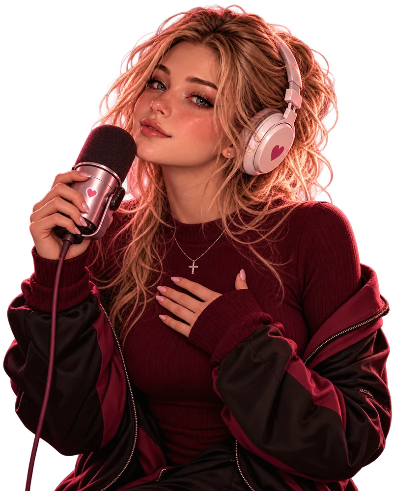 Nola wearing headphones and holding a pink microphone